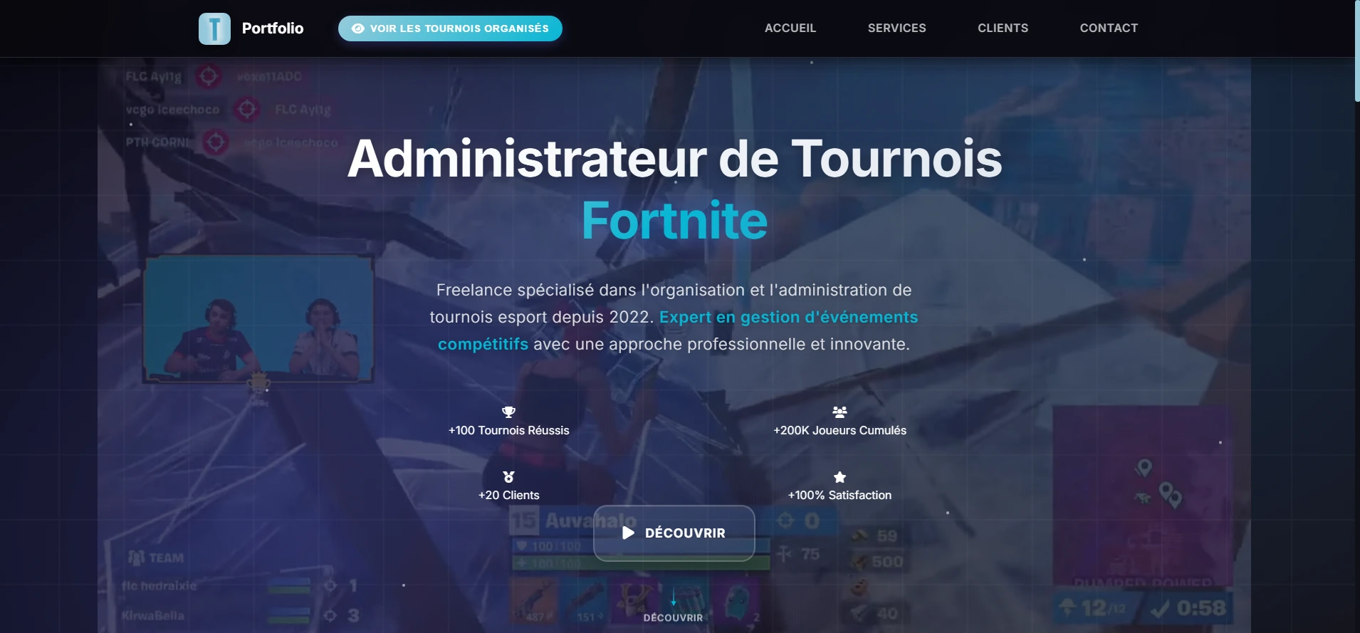 Page d'accueil du portfolio administrateur de tournois Fortnite