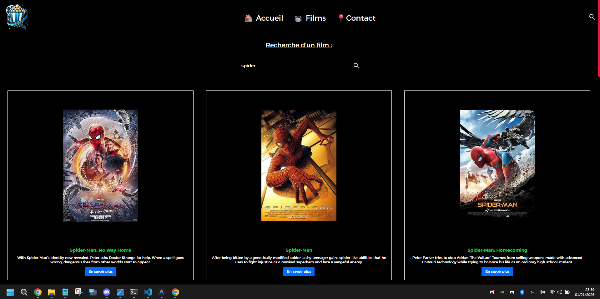 Interface de recherche de films dans le répertoire cinéma