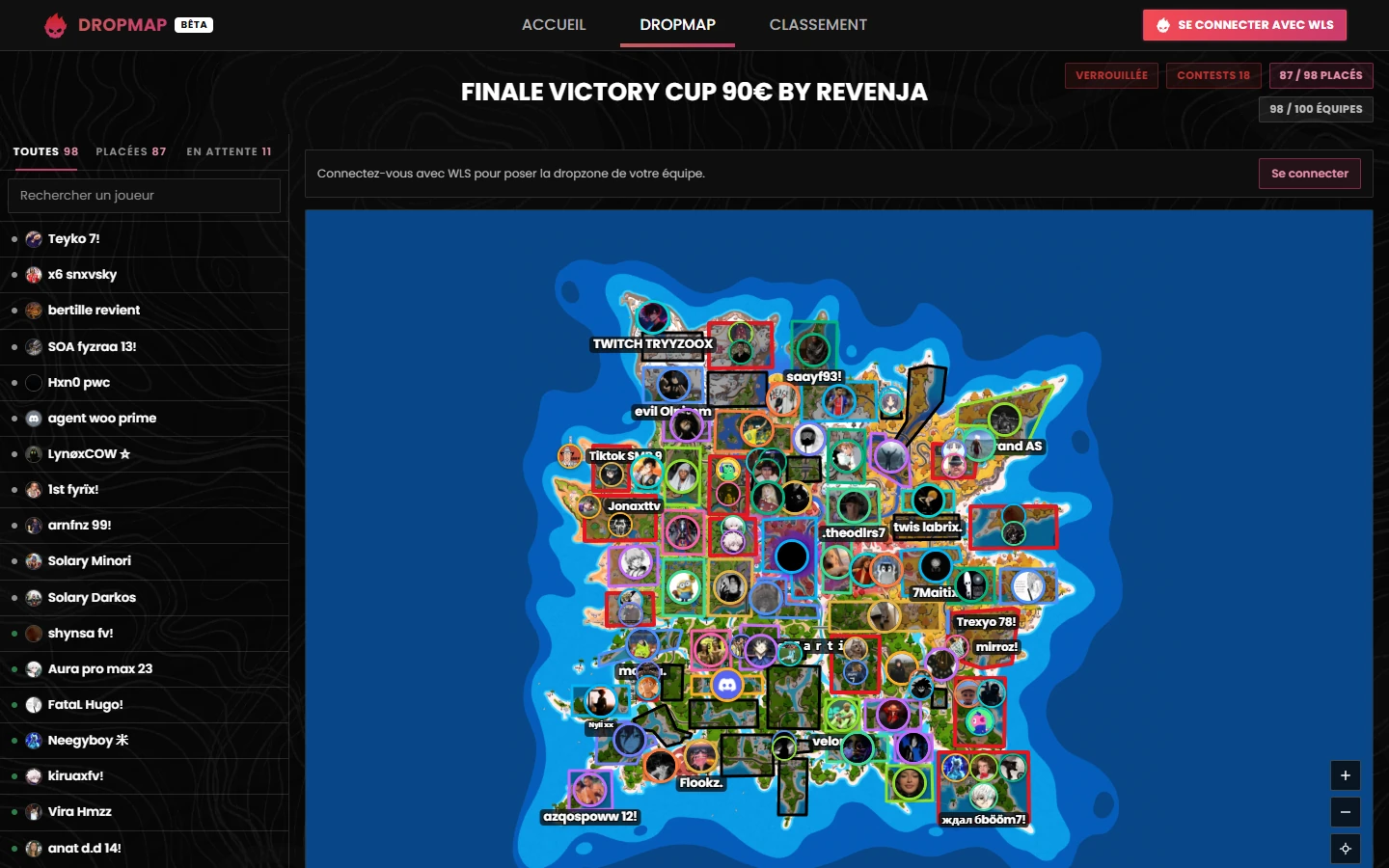 Dropmap interactive de la finale Victory Cup by Revenja, 98 équipes placées sur la carte Fortnite