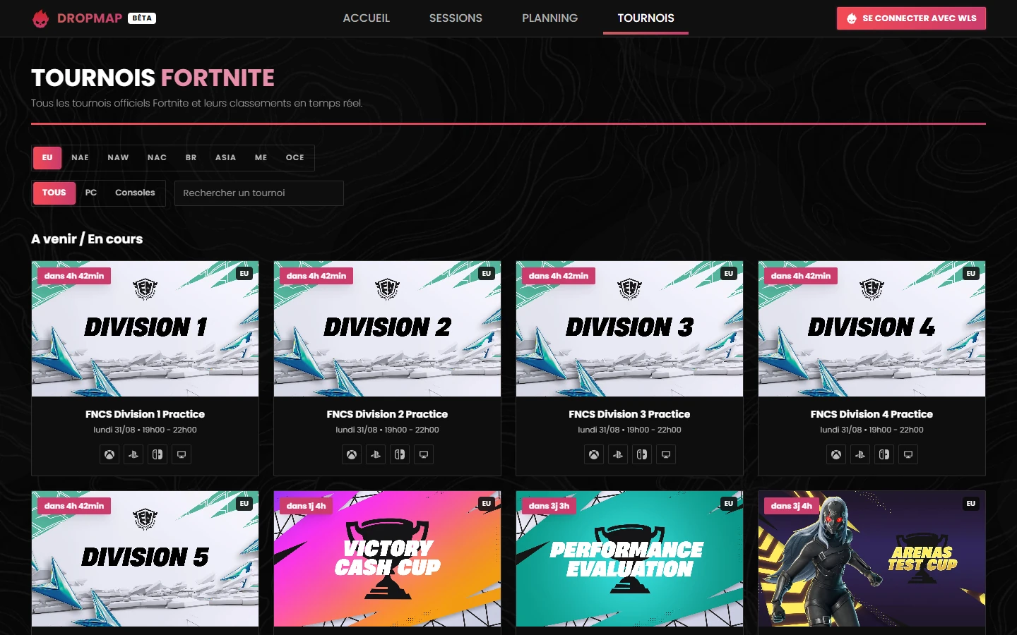 Liste des tournois Fortnite officiels sur Dropmaps