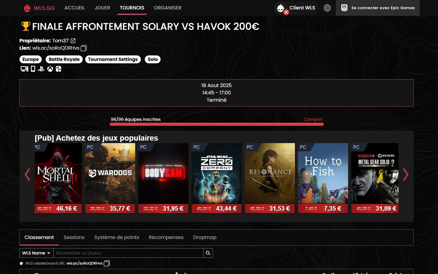 Page d'un tournoi sur wls.gg : finale Solary vs HavoK, 96 équipes inscrites